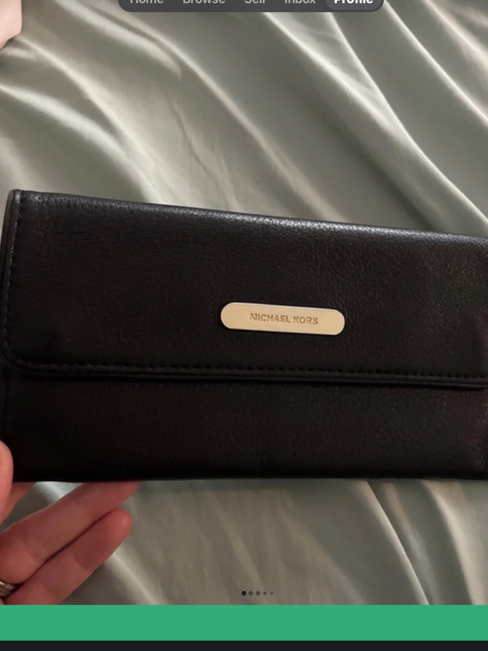 “Pre-Owned” Michael Kors Black Leather Continental Slim Wallet with Gold Plaque
